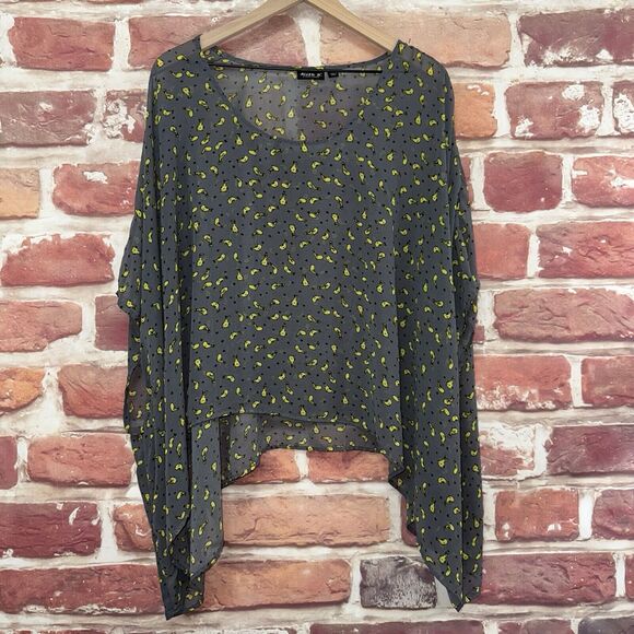 Allen B Schwartz Kimono Top Shirt Women's XL Gray Yellow Birds Sheer Popover - Picture 1 of 8